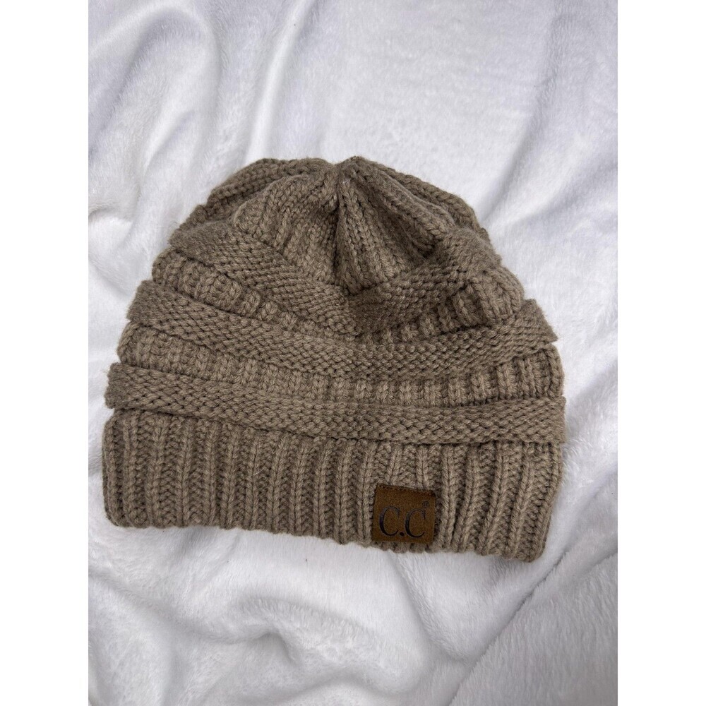 C.C Exclusives Hat Beanie Womens One Size Brown Knit Logo Cuff Stretch Winter